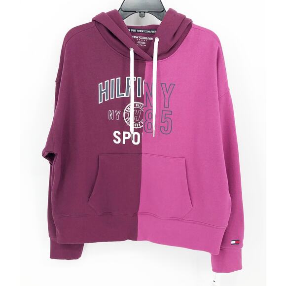 TOMMY HILFIGER SPORT Women's Colorblock Split Logo Hoodie XL Purple Crewneck NWT - Picture 4 of 11